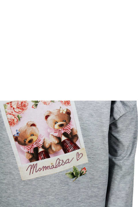 T-Shirts & Polo Shirts for Girls Monnalisa Long-sleeved Round-neck Maxi T-shirt With Teddy Bear Print And Rouches On The Shoulders