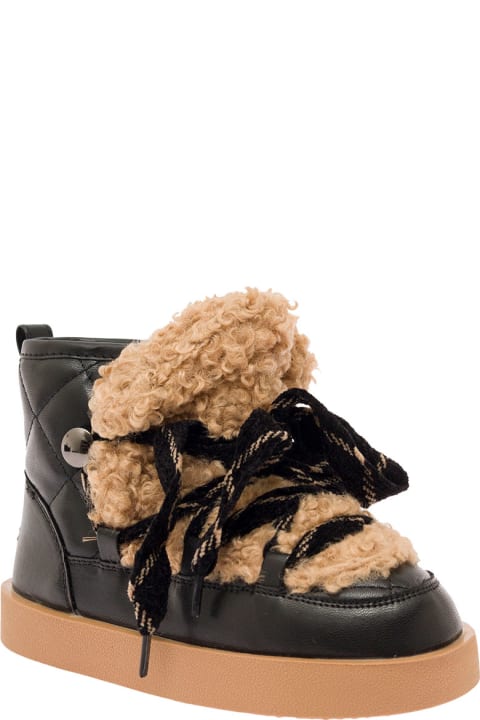 Black Quilted Ankle Boots With Teddy Detail In Faux-leather Girl
