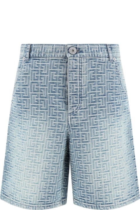 Pants for Men Balmain Blue Denim Straight Shorts With Monogram