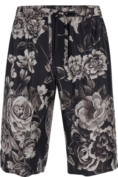 Dolce & Gabbana Pants for Men Dolce & Gabbana Black And White Bermuda Short With Flower Print In Silk Twill Man