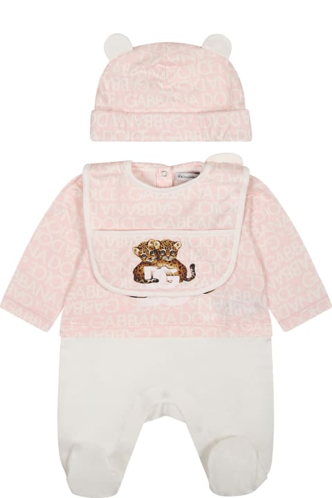 Bodysuits & Sets for Baby Girls Dolce & Gabbana Pink Set For Baby Girl With Logo And Leoaprds