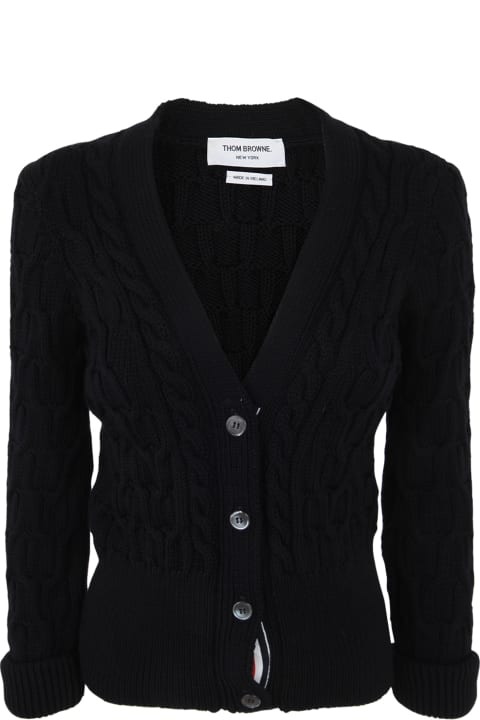 Fashion for Women Thom Browne Crisscross Cable Stitch 3/4 Sleeve V Neck Cardigan In Merino Wool With Rolled Cuffs And Rwb Tabs