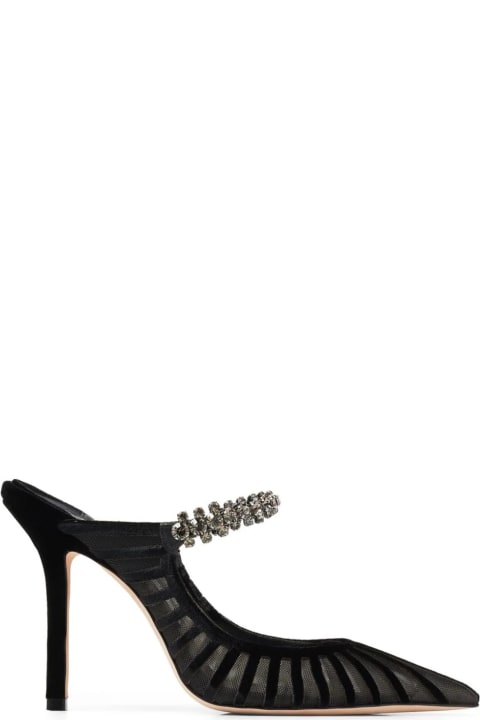 Jimmy Choo Shoes for Women Jimmy Choo Black Flocked Velvet Striped Mesh Bing 100 Pumps With Crystals