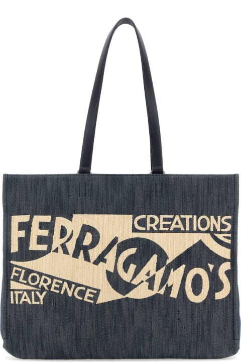 Ferragamo Bags for Women Ferragamo Blue Denim Large Tt Sign Shopping Bag