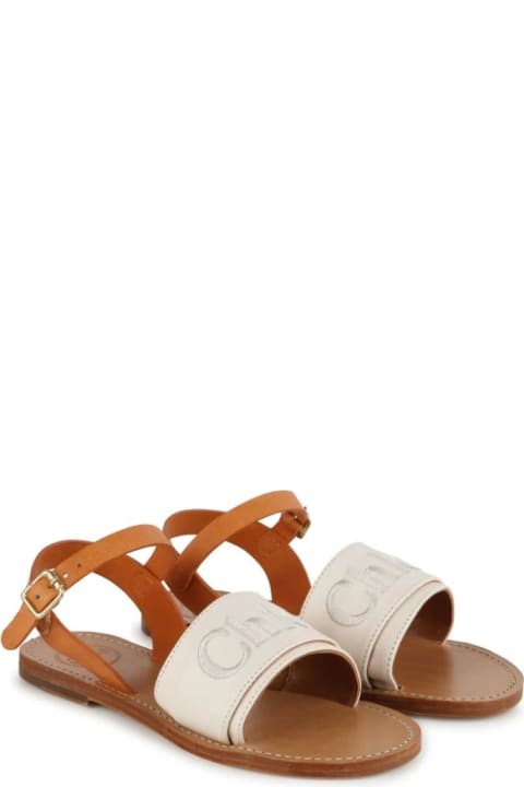 Chloé for Kids Chloé Cream And Brown Leather Sandals With Embroidered Logo