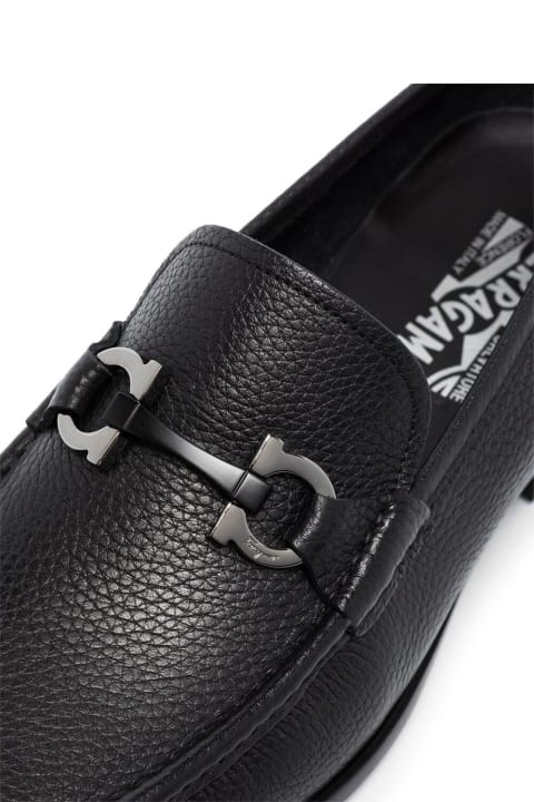 Ferragamo Shoes for Men Ferragamo Black Loafers With Tonal Gancini Detail In Hammered Leather Man
