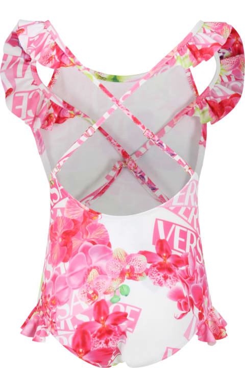 Swimwear for Girls Versace White Swimsuite For Girl With Floral Print And Logo All-over