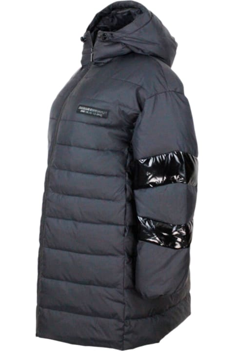 Long Down Jacket With Hood In Real Goose Down With Logo On The Chest Embellished With A Lacquered Motif On The Arms.