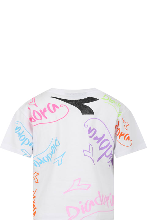 White T-shirt For Girl With Multicolor Logo