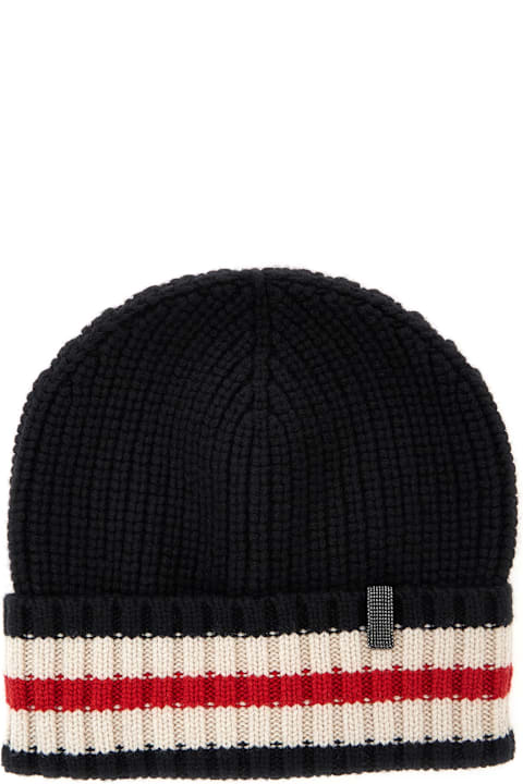 Brunello Cucinelli Hats for Women Brunello Cucinelli Black Beanie With Tricolor And Monile Detail In Cashmere Woman