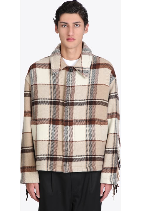 Fringed Jacket Crafted From Italian Wool Coating Brown and beige check wool fringed jacket - Frej