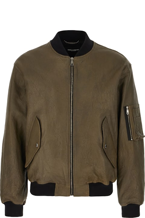 Dolce & Gabbana معاطف وجواكت لـ القسم الرجالي Dolce & Gabbana Military Green Leather Padded Jacket