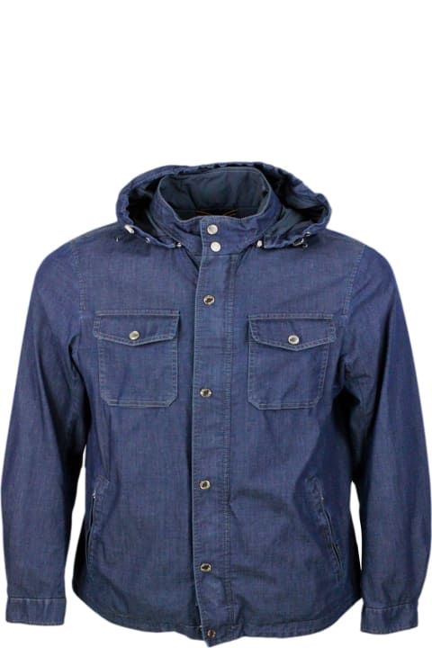 Moorer for Men Moorer Anorak Shirt Jacket From The Water Proof Line With 2 Umbrellas With Detachable Hood In Light And Soft Denim-effect Smooth Menbrazed Fabric