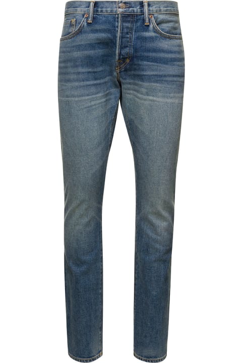 Blue Five-pocket Slim Jeans With Logo Patch In Cotton Blend Denim Man