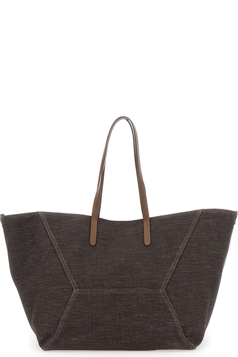Fashion for Women Brunello Cucinelli 'duo' Brown Shoulder Bag With Two Flat Handles And Concealed Magnetic Closure In Cotton Woman