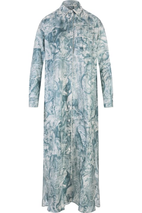 Long Shirt Dress With Monkey Print In Light Blue