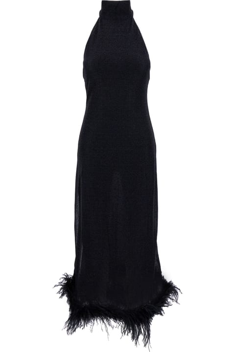 Oseree for Women Oseree Long Black Dress With High Neck And Feathers In Lurex Woman