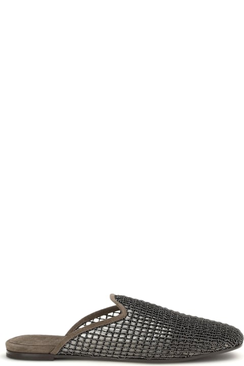 Brunello Cucinelli Suede Mules With Precious Net Embroidery