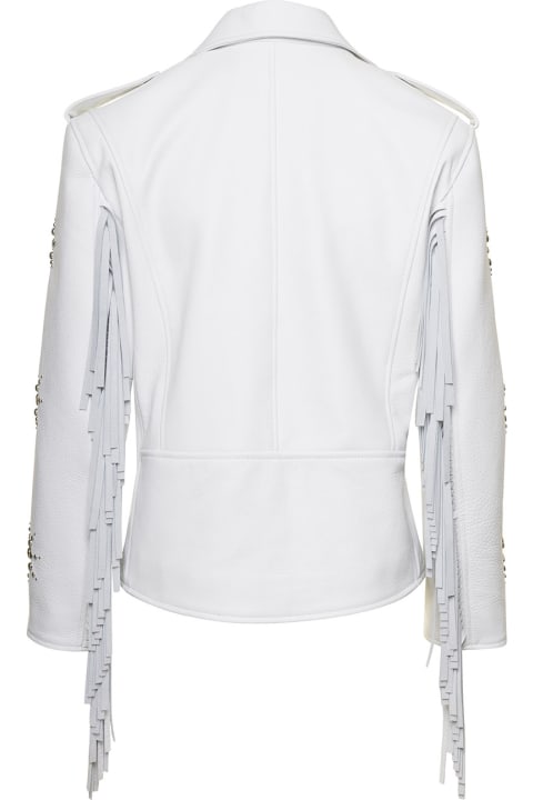 White Biker Jacket With Fringe And Studs In Leather Woman