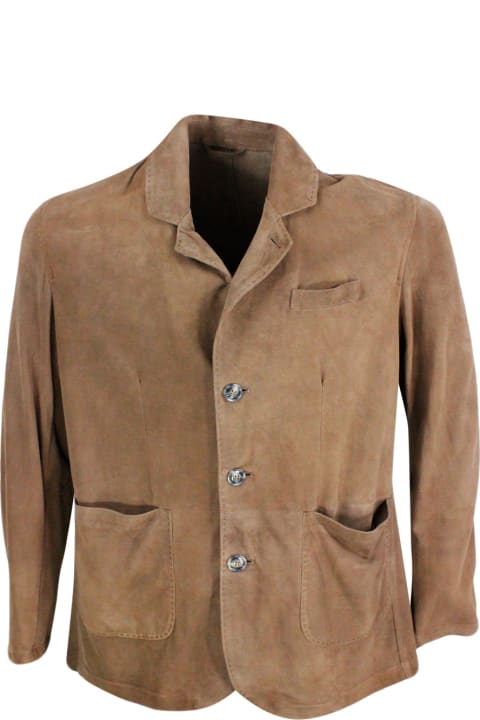 メンズ Barba Napoliのコート＆ジャケット Barba Napoli Jacket In Soft And Fine Single-breasted Suede With 3-button Placket And Patch Pockets