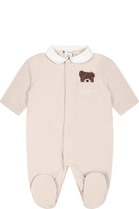 Fashion for Baby Girls Fendi Beige Babygrow Set For Babykids With Bear And Fendi Logo