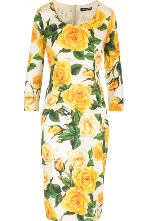 Dolce & Gabbana Clothing for Women Dolce & Gabbana Yellow Roses Printed Midi Dress