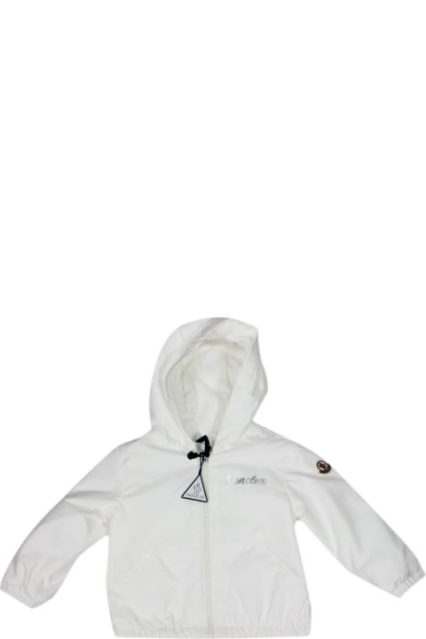 Moncler for Kids Moncler Evanthe Baby Windproof Jacket With Hood And Zip Closure And Silver Logo Writing On The Chest.
