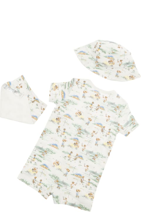 Bodysuits & Sets for Baby Boys Polo Ralph Lauren Baby White/multicolor All-over Polo Bear Bodysuit Cap And Bib Set In Cotton