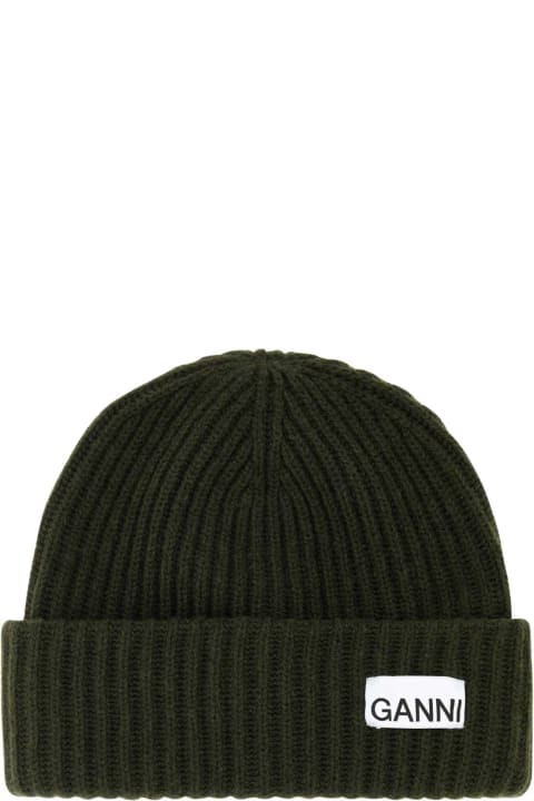Hats for Women Ganni Army Green Wool Blend Beanie Hat