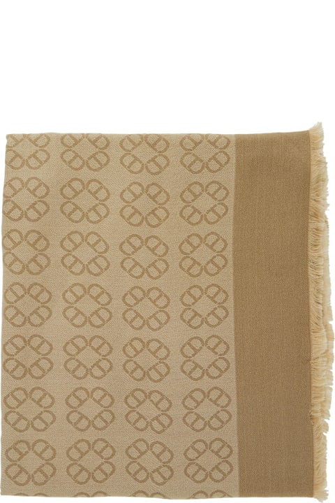 Homeware TwinSet Beige Rectangular Scarf With All-over Print And Fringed Hem In Viscose Woman