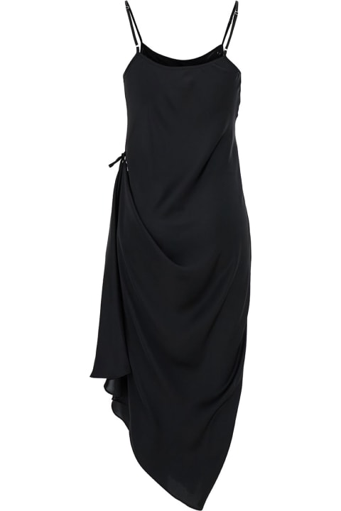 ウィメンズ Low Classicのワンピース＆ドレス Low Classic Black Midi Slip Dress With Drawstring In Light-weight Fabric Woman