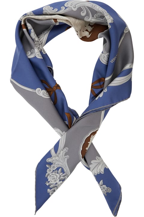 Scarves for Men Versace Blue Scarf With All-over Geometric Motif Print In Silk Man