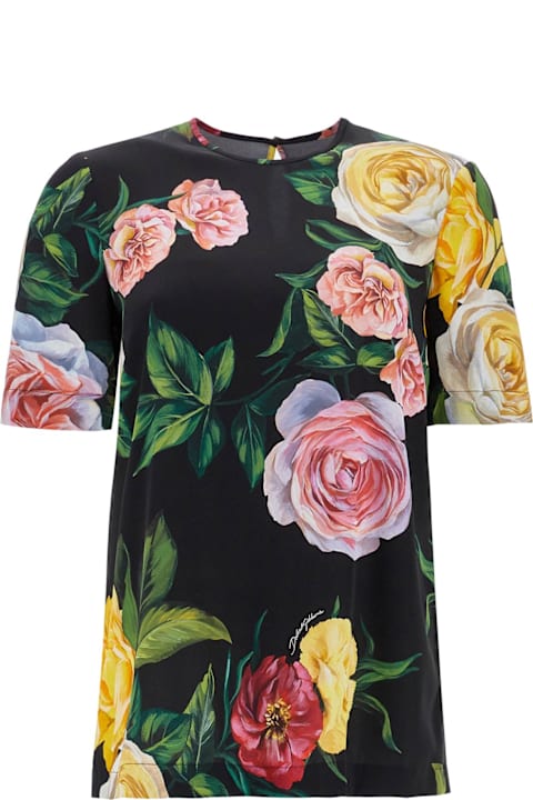 Dolce & Gabbana Topwear for Women Dolce & Gabbana Black Silk T-shirt With Floral Print