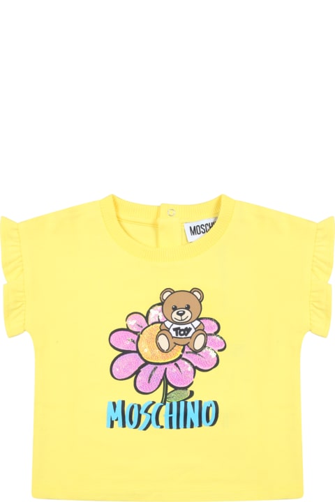 Moschino for Kids Moschino Yellow T-shirt For Baby Girl With Teddy Bear And Flowers