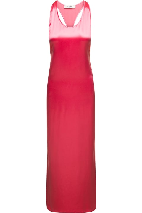 Fendi for Women Fendi Maxi Pink Dress With Halter Neck Cut In The Back And Logo Ribbons In Viscose Satin Woman