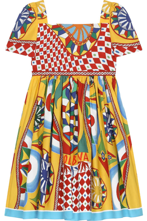 Dresses for Girls Dolce & Gabbana Short Sleeved Dress In Poplin With Cart Print