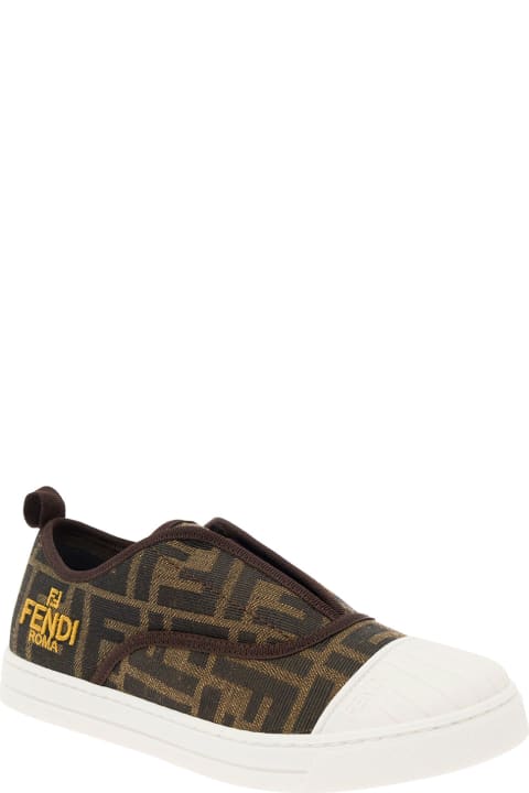 Fendi Shoes for Boys Fendi Brown Pull-on Sneakers With Logo Embroidery In Ff Canvas Boy