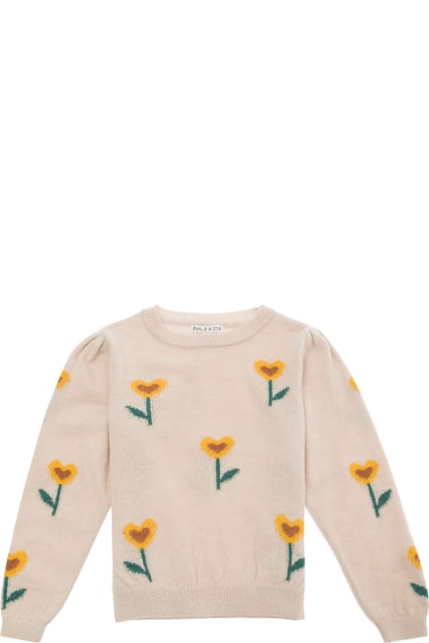 Emile Et Ida Sweaters & Sweatshirts for Girls Emile Et Ida Beige Sweater With Flowers Detail In Alpaca Blend Girl