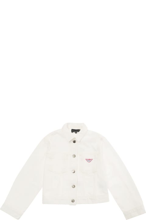 Emporio Armani Coats & Jackets for Girls Emporio Armani White Jacket With Multicolor Logo Embroideries In Cotton Denim Girl