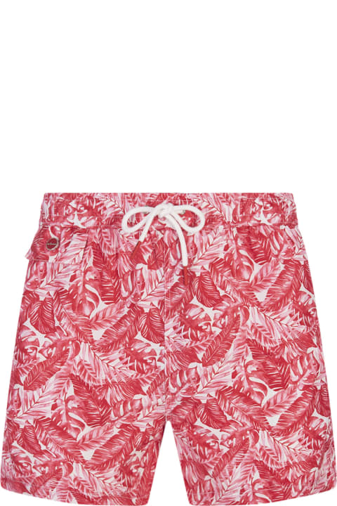 Swimwear for Men Kiton White Swim Shorts With Pink Foliage Print