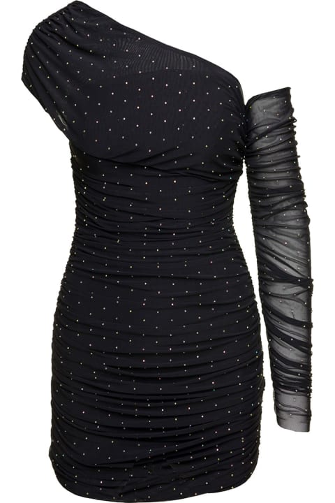 Fashion for Women Rotate by Birger Christensen Mini Black Asymmetric Dress With All-over Rhinestone Embellishment In Mesh Woman