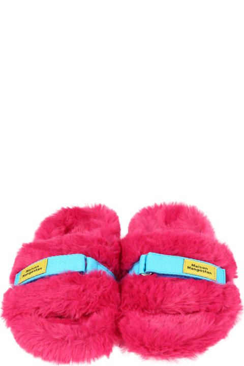 Fuchsia Faux-fur Sandals For Girl With Yellow Logo Patch