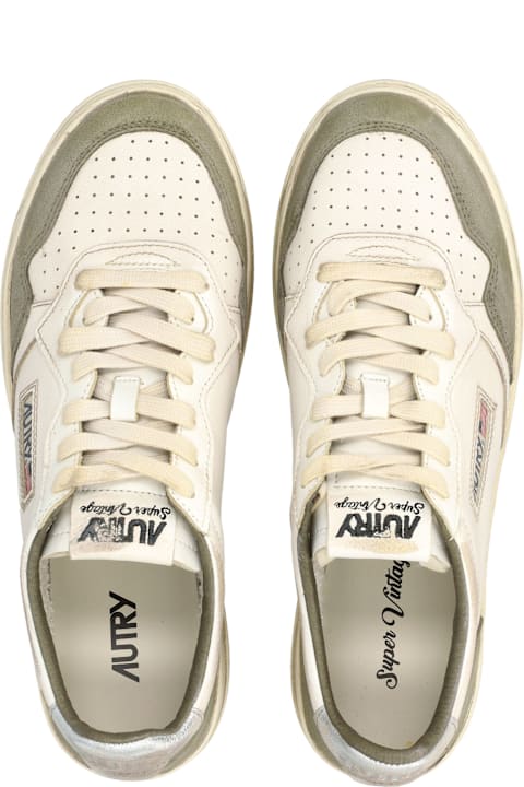 Homeware Autry Autry Medalist Low Super Vintage Sneakers In White, Silver, And Hunter Green Lizard Suede