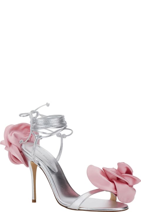 ウィメンズ新着アイテム Magda Butrym Silver Strappy Sandals With 3d Flower In Silk Blend Woman