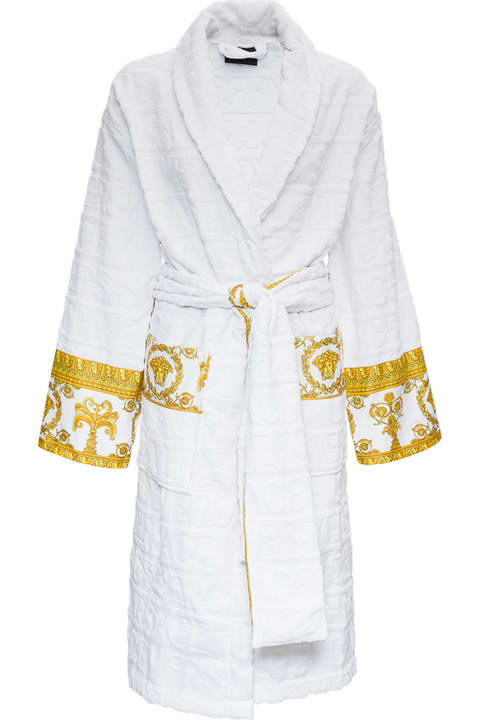Homeware Versace White Bathrobe With Baroque Pattern In Terry Cotton
