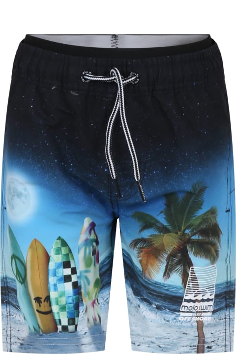 Molo Swimwear for Boys Molo Black Swim Shorts For Boy With Surfboard Print