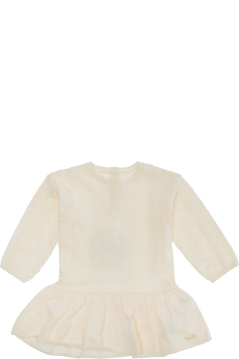 Chloé Bodysuits & Sets for Baby Girls Chloé White Crewneck Dress With Logo Lettering On The Hem And Puffed Skirt In Wool And Cotton Blend Baby