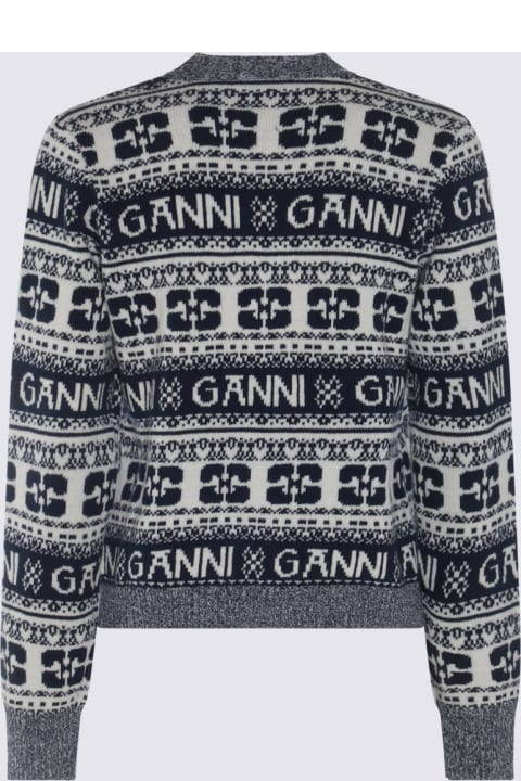 Ganni Sweaters for Women Ganni Navy Blue And White Wool Blend Cardigan