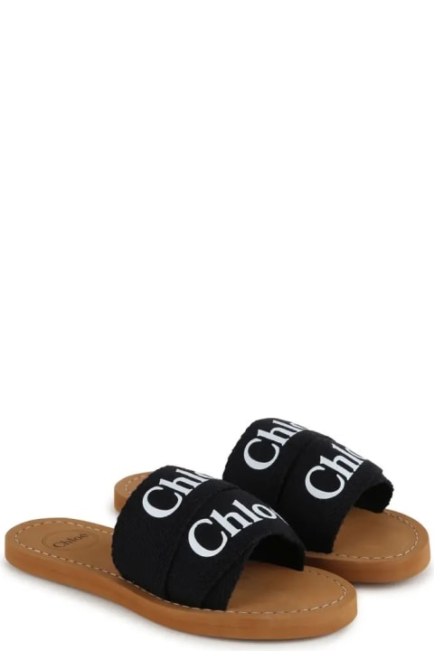 ベビーガールズ シューズ Chloé Woody Sandals In Black Canvas With Logo