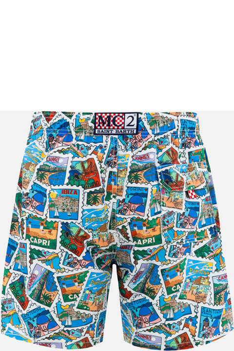 Homeware MC2 Saint Barth Man Mid-length Gustavia Swim-shorts With Postcard Mix Print | Alessandro Enriquez Special Edition